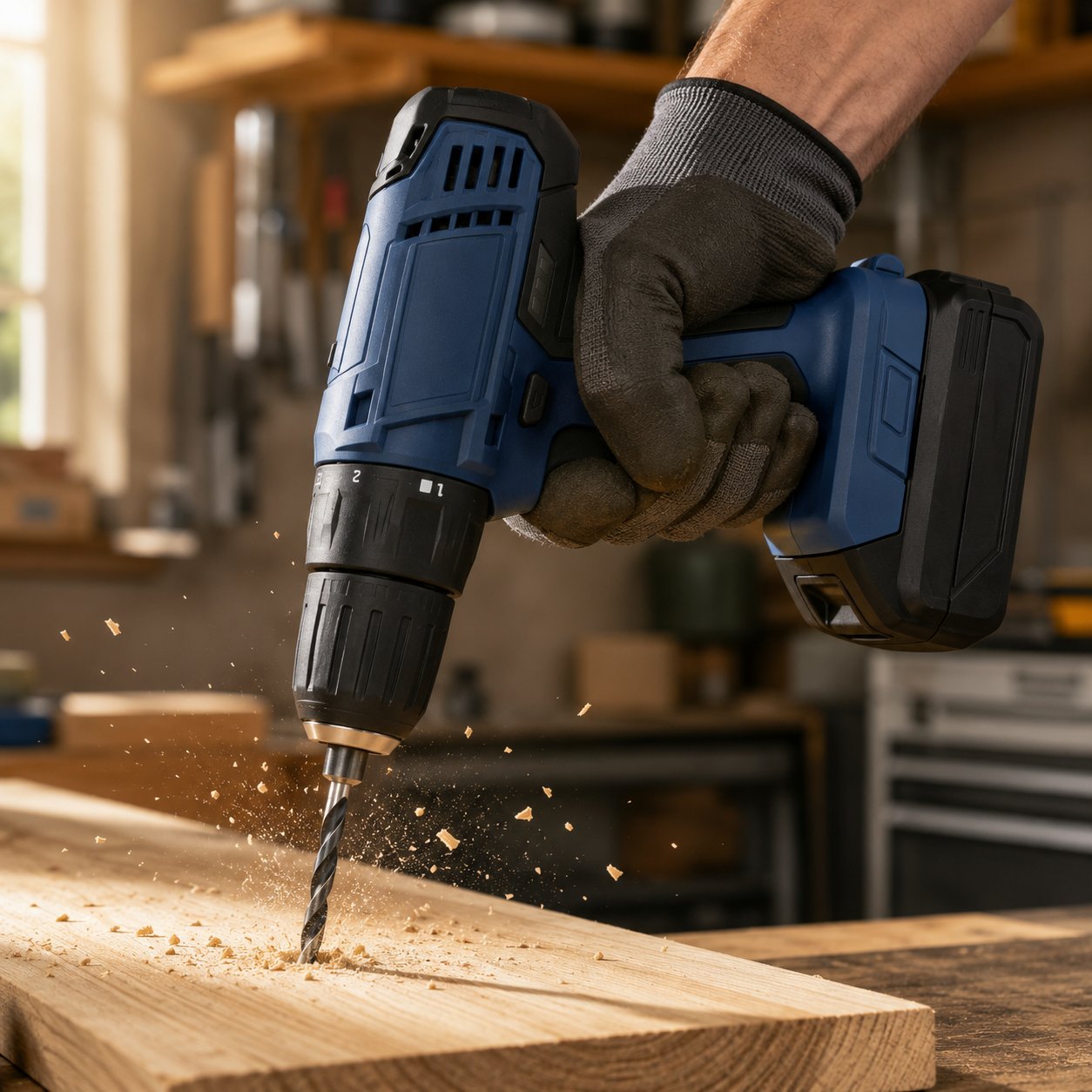 Power drill in active use drilling oak — premium in-use Amazon photo
