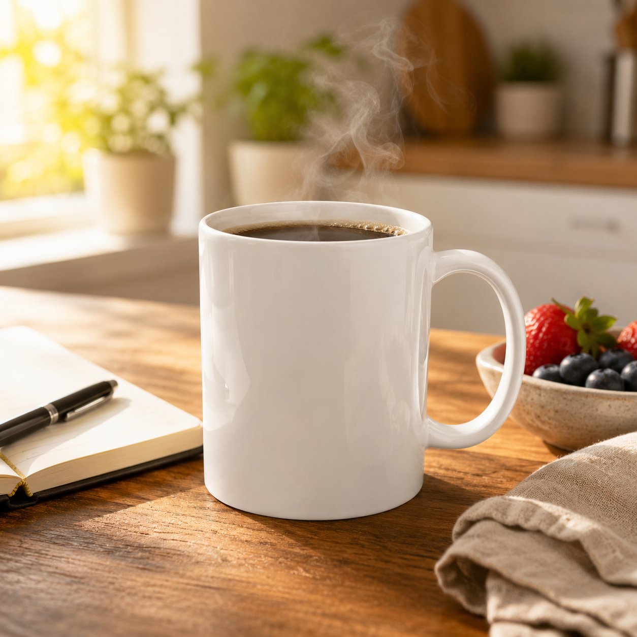 Same coffee mug in a warm morning kitchen — premium Amazon listing photo